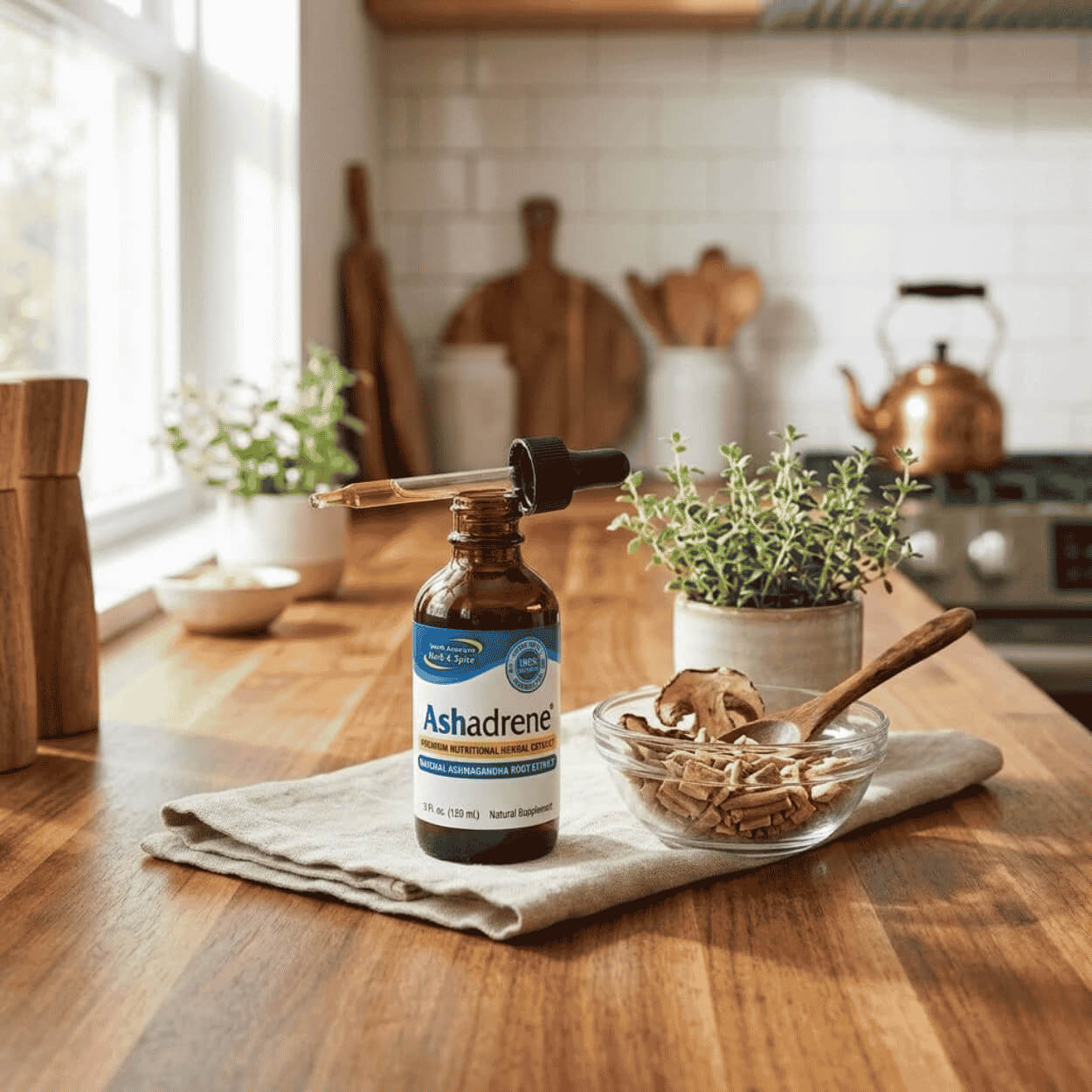 A brown glass bottle of Ashadrene with a dropper placed beside it, standing on a linen towel on a wooden kitchen counter, next to a bowl of dried ingredients and a potted herb in a bright kitchen.